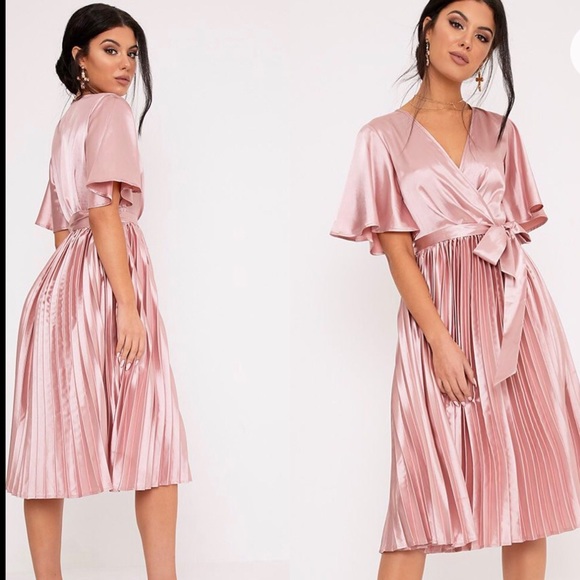 dusty pink lace detail striped mesh midi dress